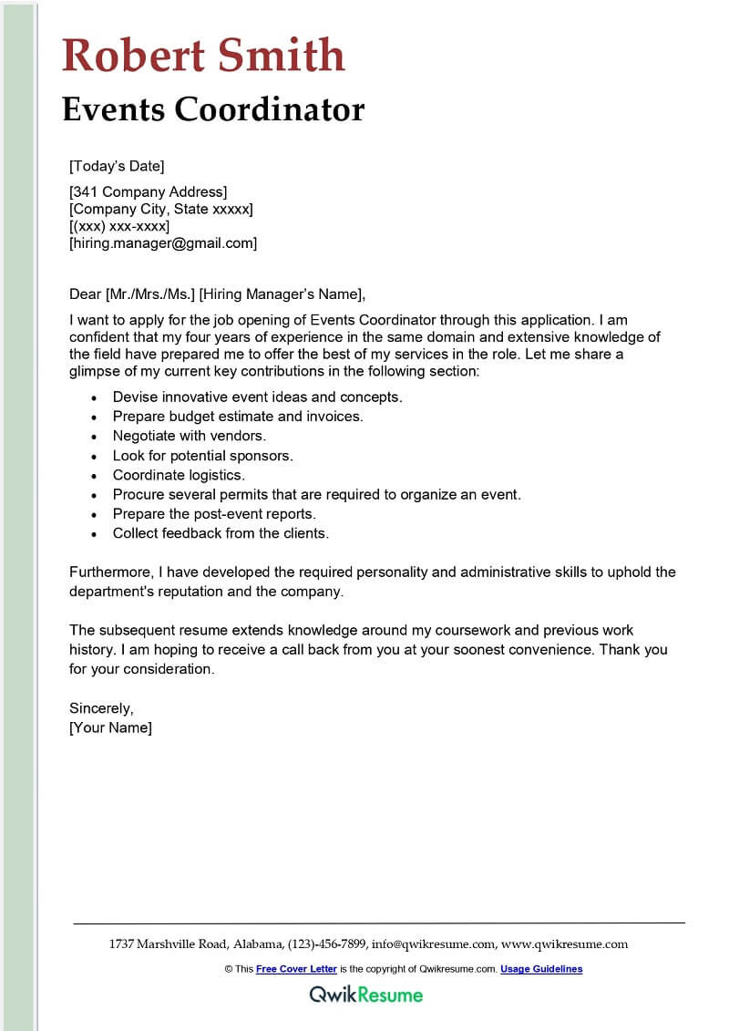 Sample Cover Letter for Resume event Planner events Coordinator Cover Letter Examples – Qwikresume