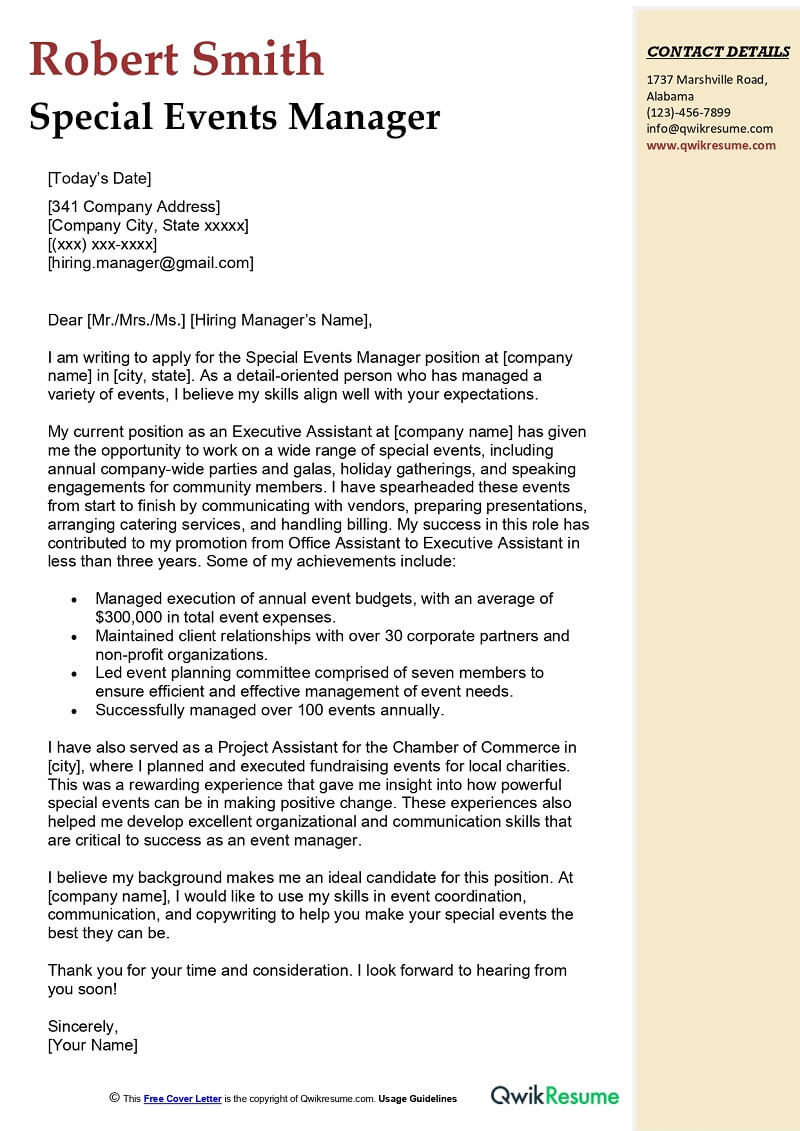 Sample Cover Letter for Resume event Planner Special events Manager Cover Letter Examples – Qwikresume