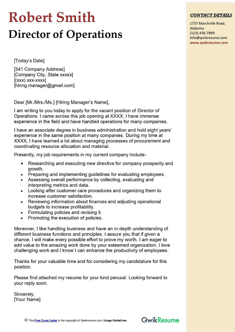 Sample Cover Letter for Resume Executive Director Director Of Operations Cover Letter Examples – Qwikresume