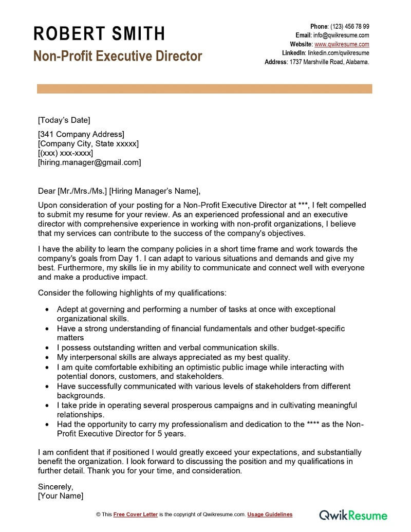 Sample Cover Letter for Resume Executive Director Non Profit Executive Director Cover Letter Examples – Qwikresume