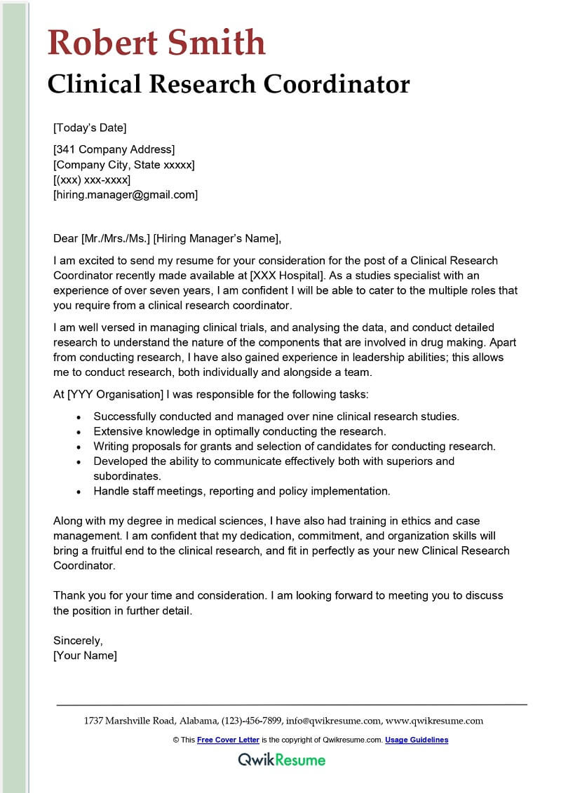 Sample Entry Clinical Research Coordinator Resume Clinical Research Coordinator Cover Letter Examples – Qwikresume