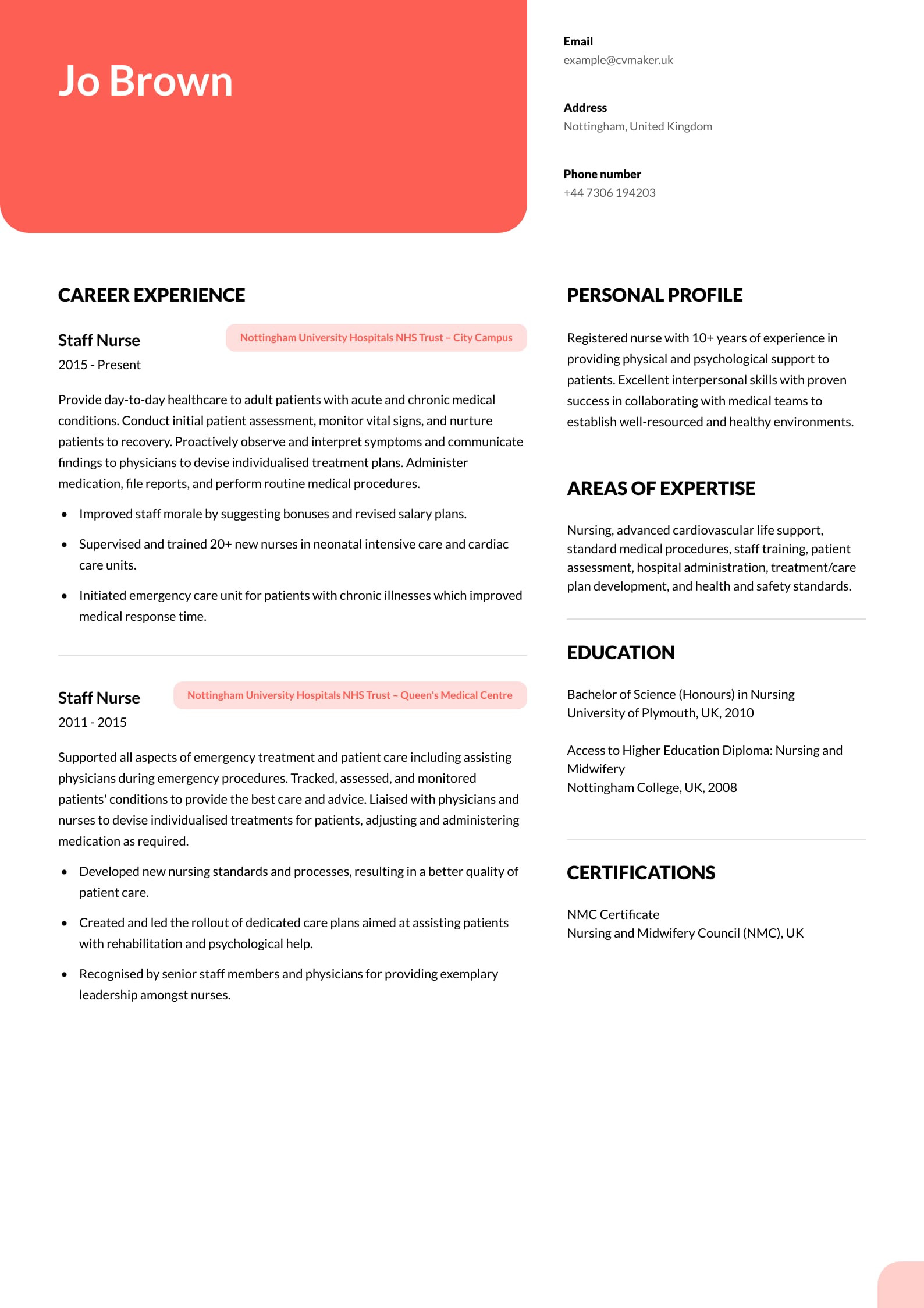 Sample Of A Gi Nurse Resume Nurse Cv – Healthcare Cv Guide with Tips and Examples