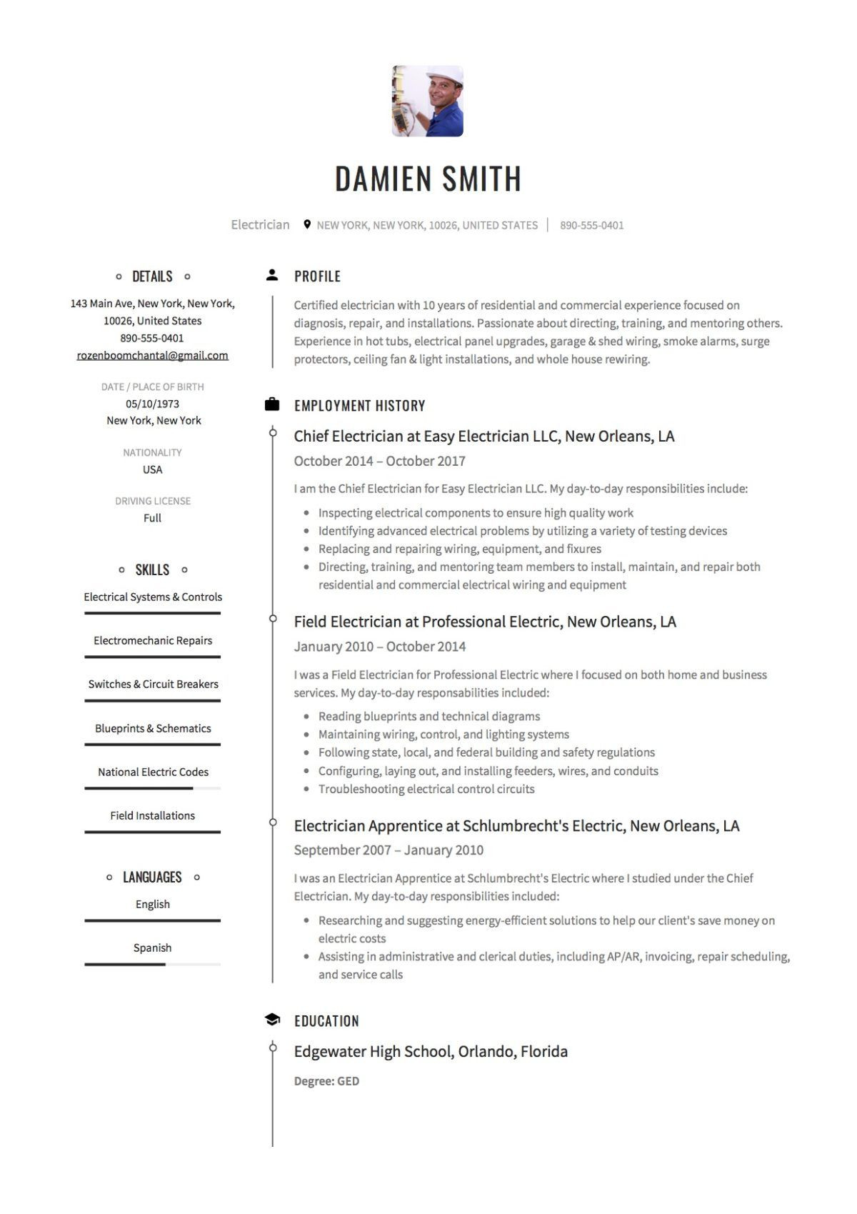 Sample Of A Good Resume Applying for A Electrician Electrician Resume Template Resume Examples, Job Resume, Resume …