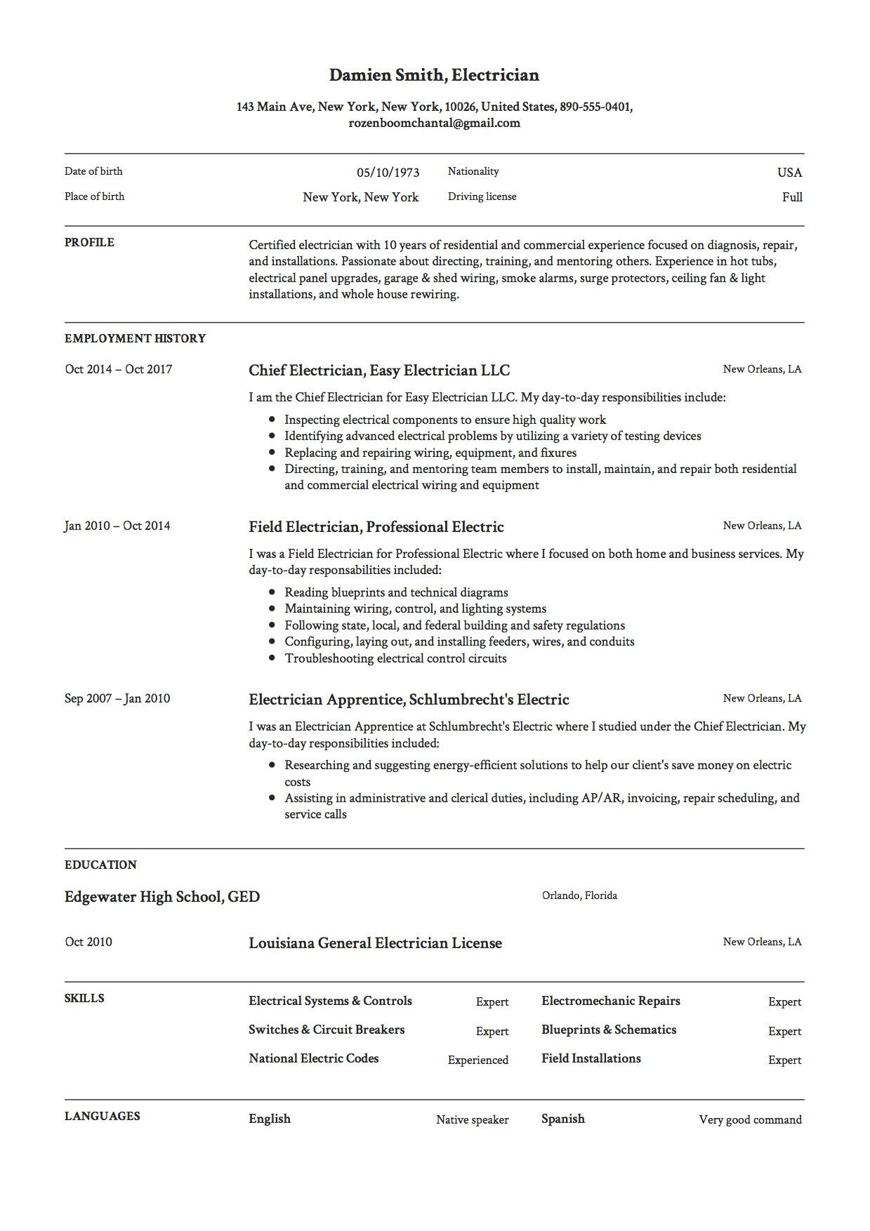 Sample Of A Good Resume Applying for A Electrician Free Electrician Resume Sample, Template, Example, Cv. Resume …