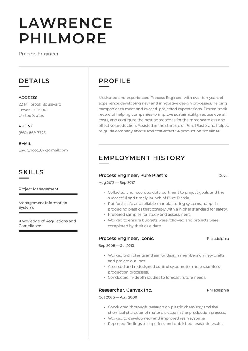Sample Of It Process Engineer Resume Process Engineer Resume Example & Writing Guide Â· Resume.io