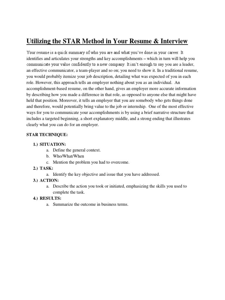 Sample Of Resume Using Star Method Star Method In Your Resume and Interview Pdf RÃ©sumÃ© Mergers …