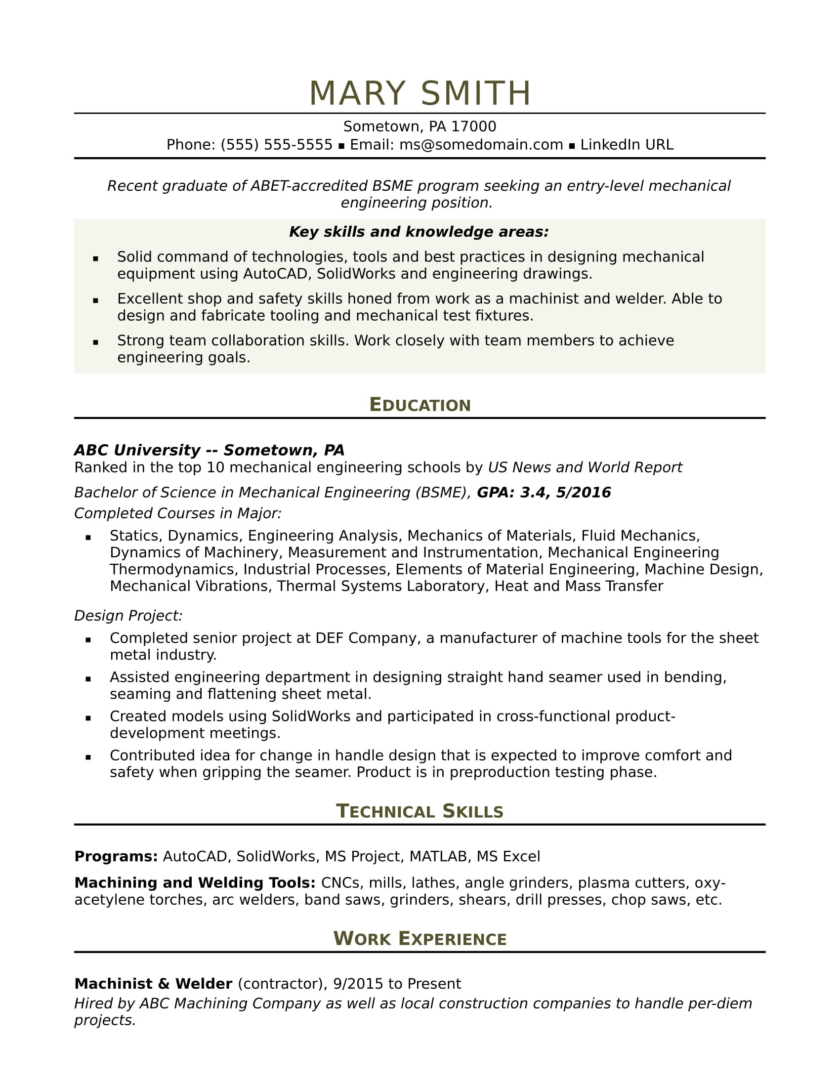 Sample Resume Entry Level Mechanical Engineer Mechanical Engineer Resume: Entry-level Monster.com