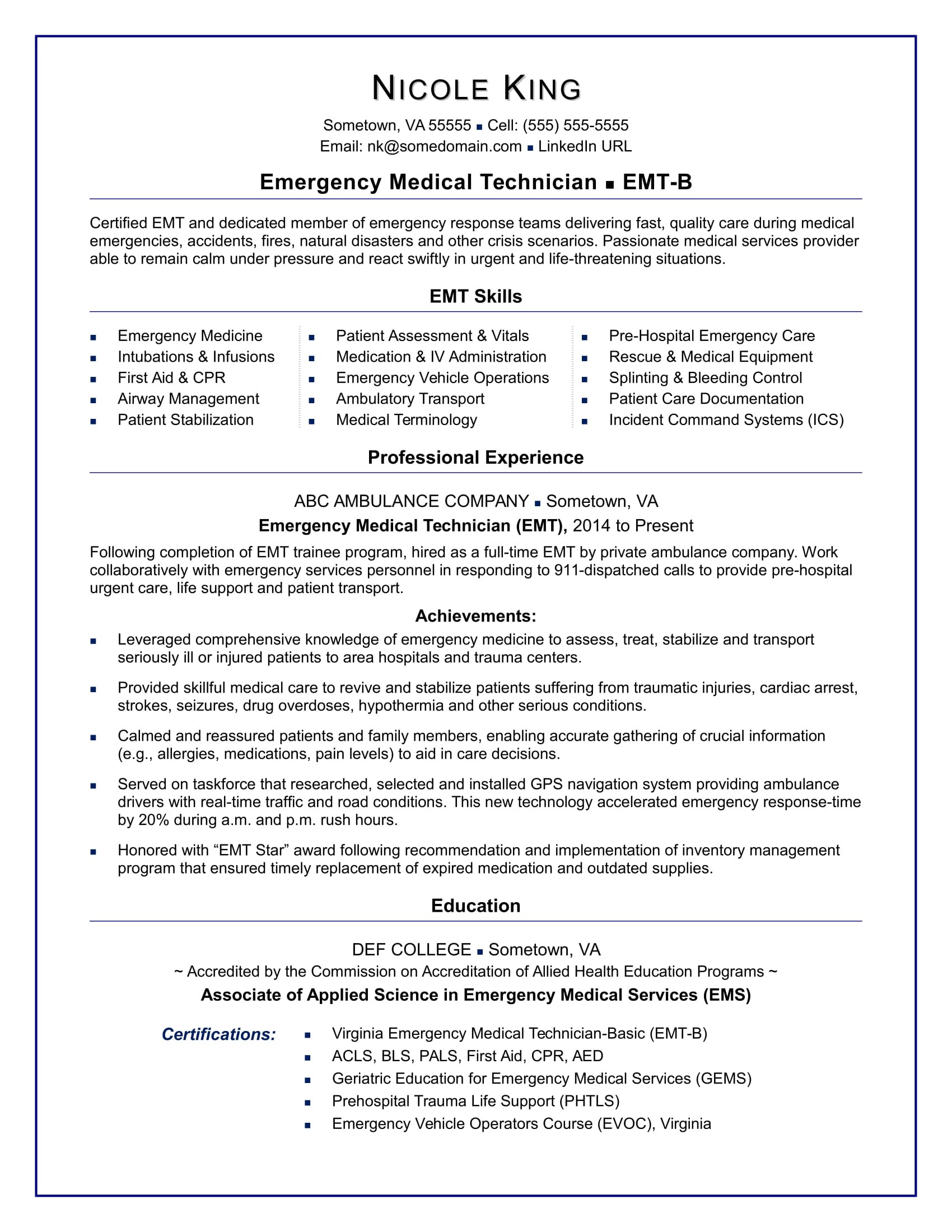 Sample Resume Entry Level Medical Inventory Emt Resume Sample Monster.com