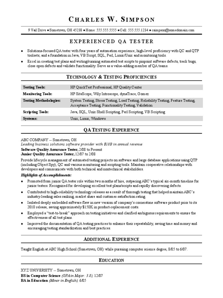 Sample Resume for An Experienced Qa software Tester Sample Resume Qa software Tester Midlevel