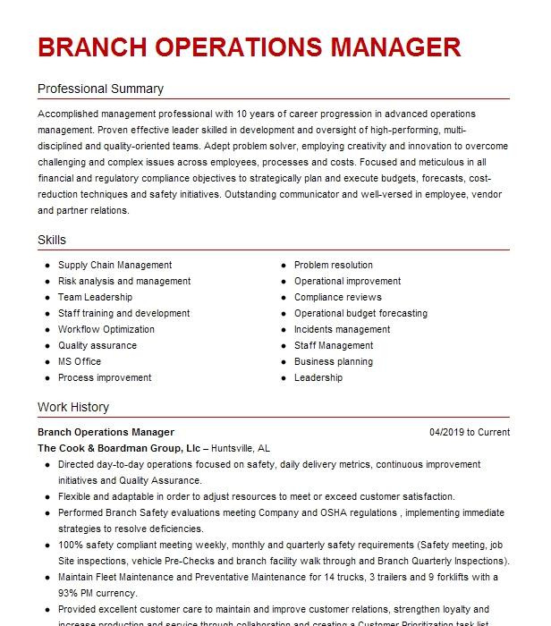 Sample Resume for Bank Branch Operations Manager Branch Operations Manager Resume Example Wesco
