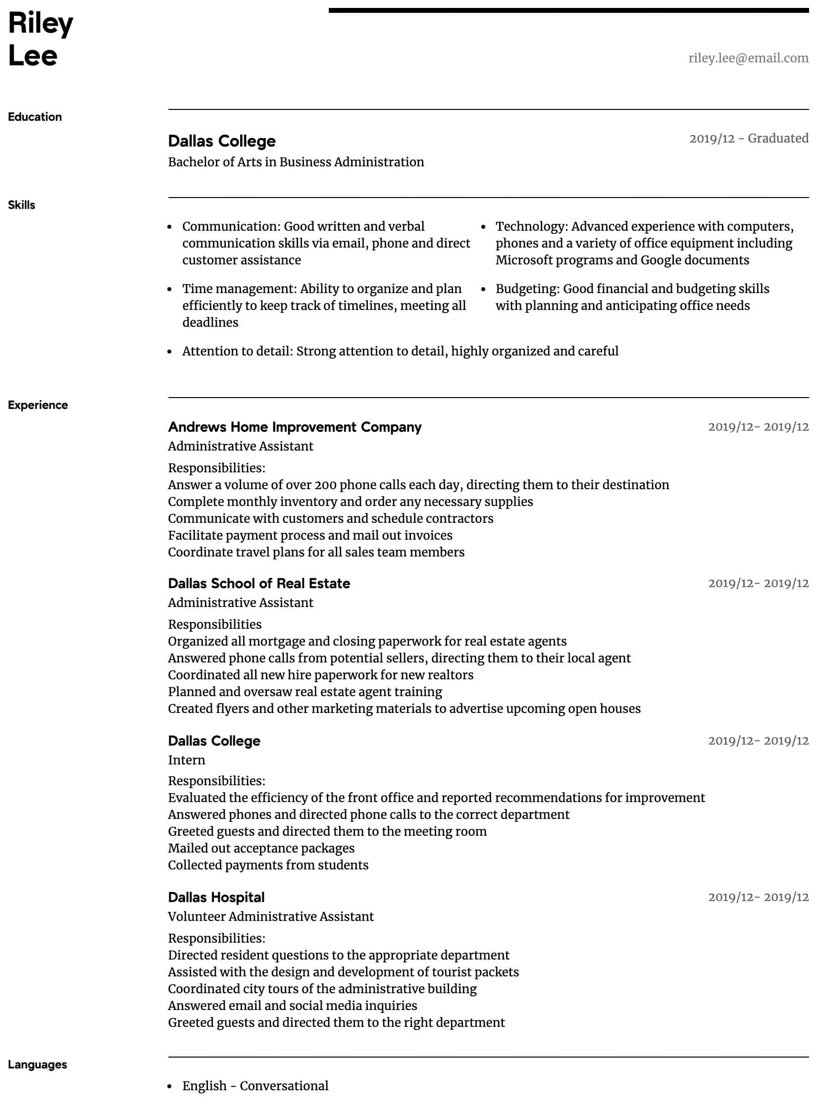 Sample Resume for Business Administration Student Administrative assistant Resume Samples All Experience Levels …