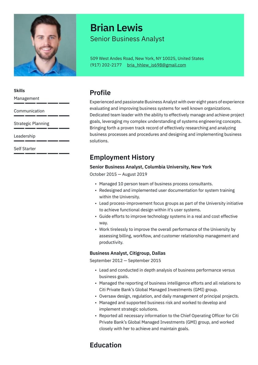 Sample Resume for Business Analyst In Australia Senior Business Analyst Resume Template 2019 Â· Resume.io