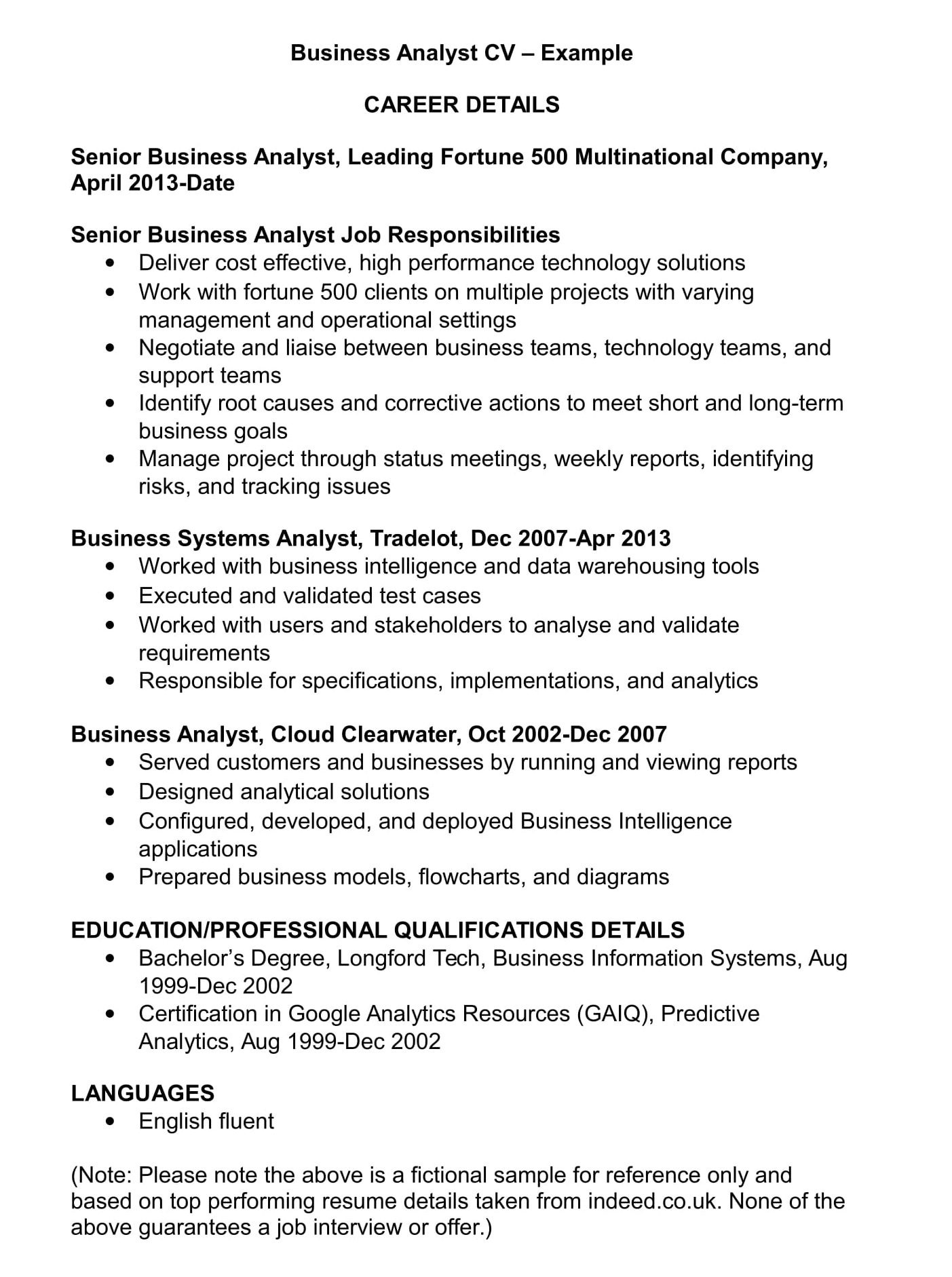Sample Resume for Business Analyst In Banking Domain Business Analyst Cv, Template and Examples Audit Finance Management