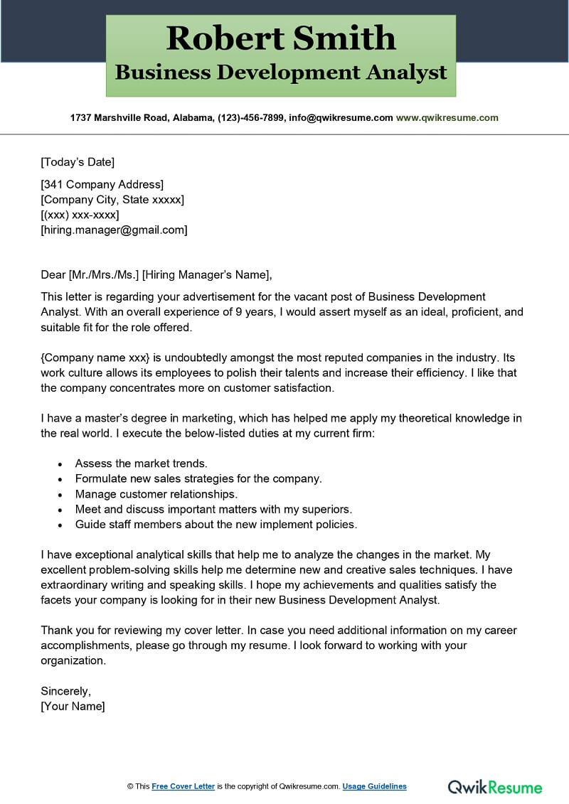 Sample Resume for Business Development Analyst Business Development Analyst Cover Letter Examples – Qwikresume