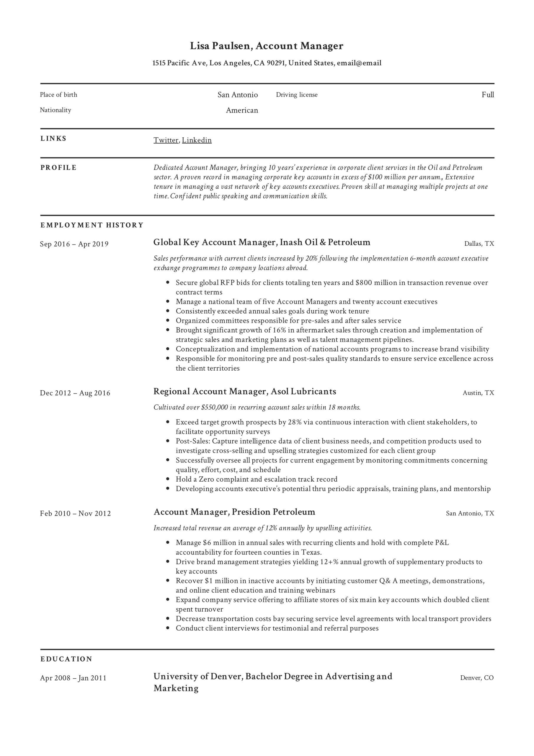 Sample Resume for Customer Service Account Manager Account Manager Resume & Writing Guide  12 Examples 2022