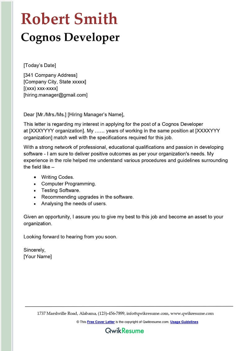 Sample Resume for Experienced Cognos Report Developer Cognos Developer Cover Letter Examples – Qwikresume