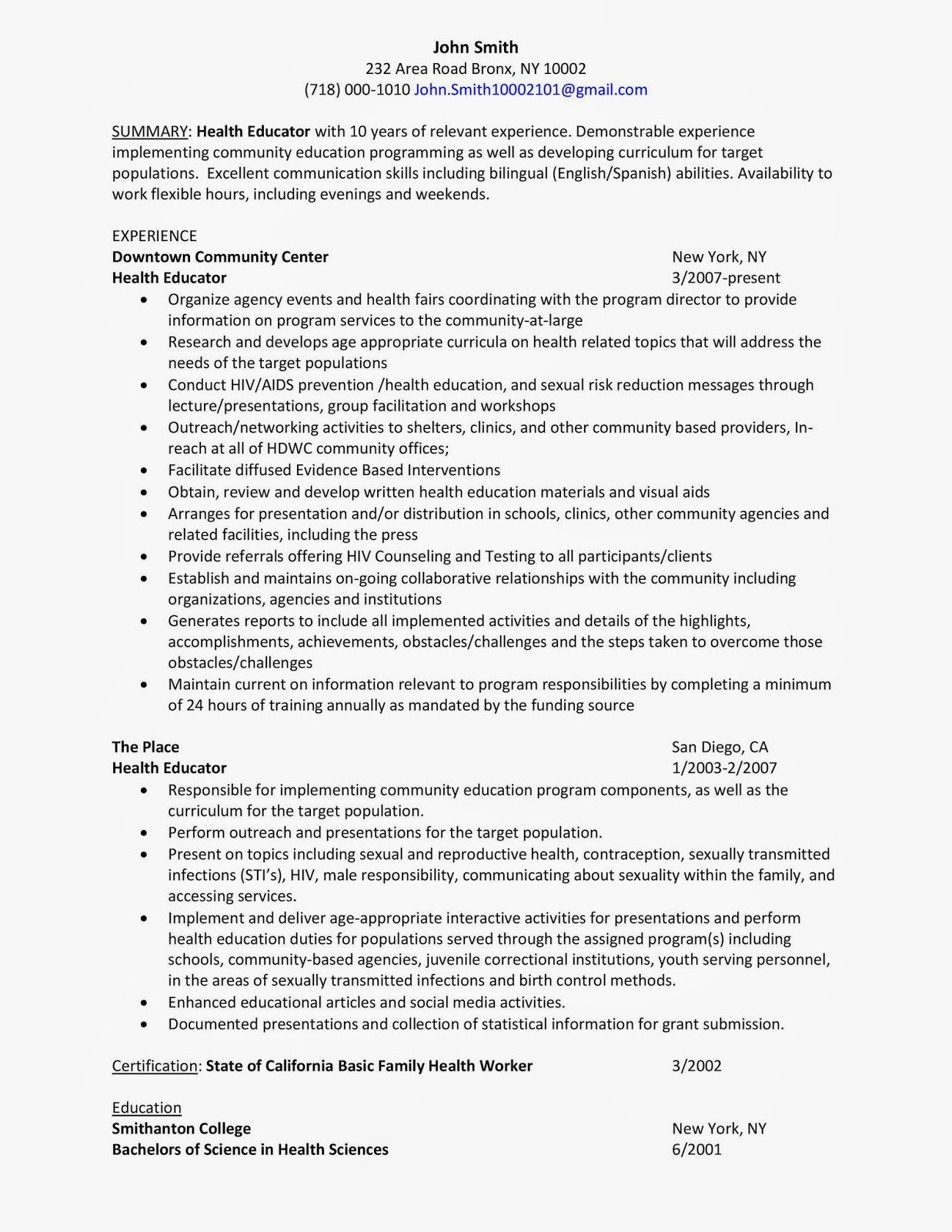 Sample Resume for Health Education Specialist Health Educator: Sample Resume Career Advice & Pro Wrestling …