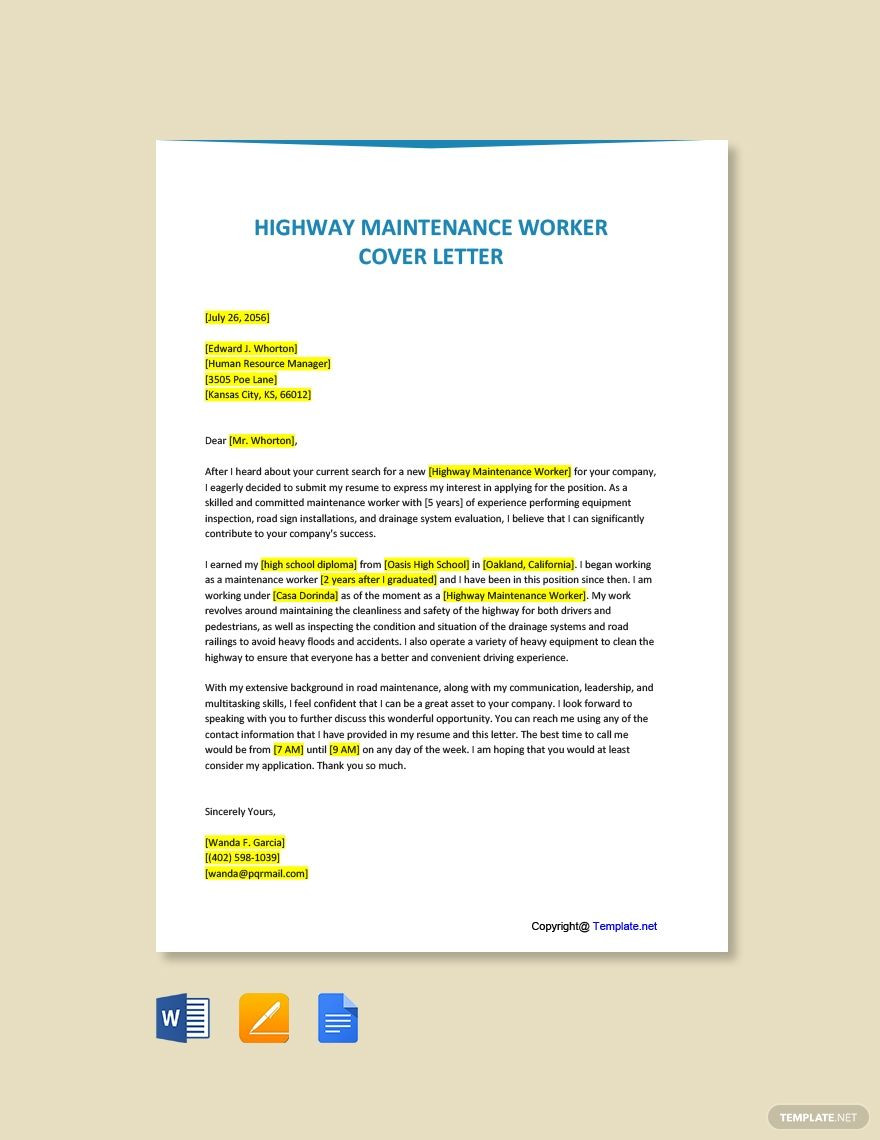 Sample Resume for Highway Maintenance Worker Highway Maintenance Worker Cover Letter Template Google Docs …