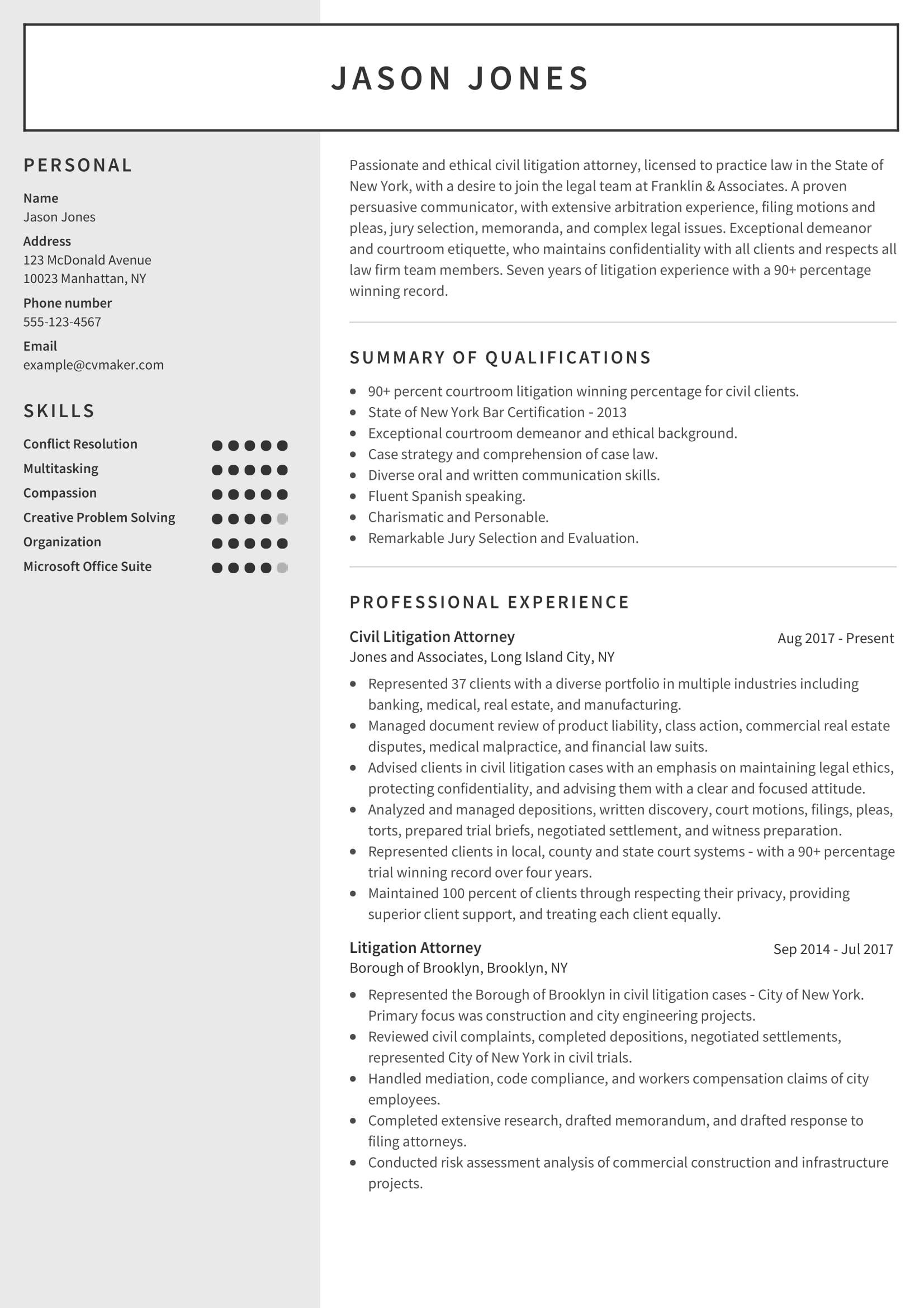Sample Resume for Law Clerk Personal Injury Litigation attorney Resume Sample & 2021 Writing Tips – Cvmaker.com