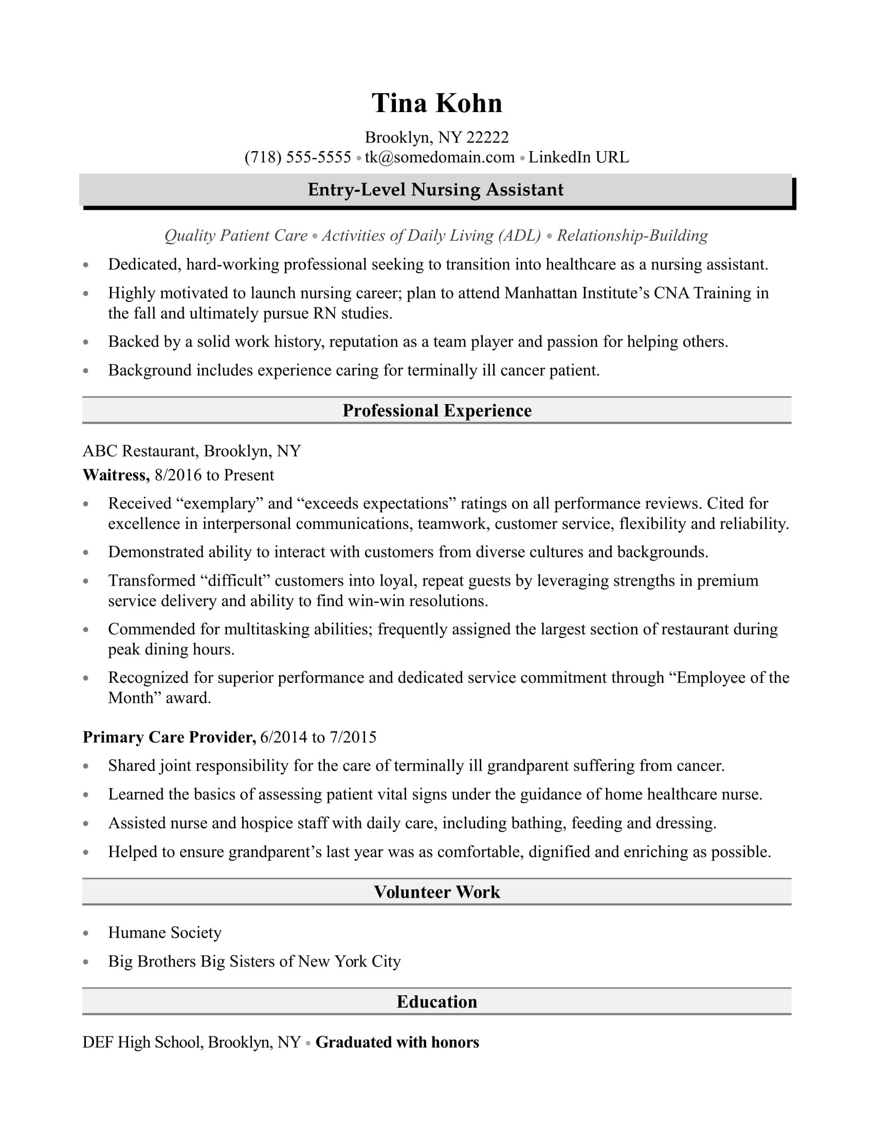 Sample Resume for No Experience Nurses Nursing assistant Resume Sample Monster.com
