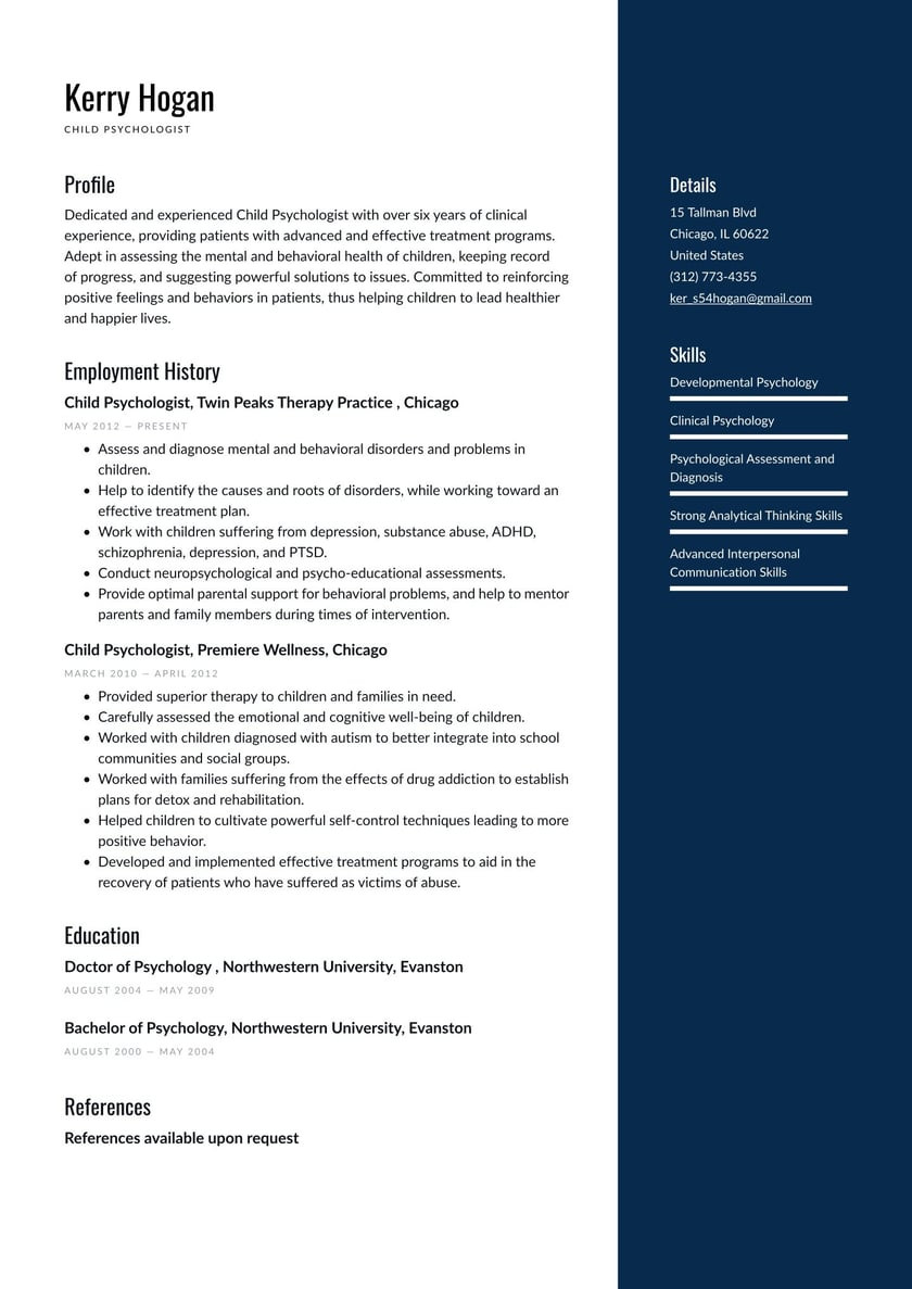 Sample Resume for Psychosocial Rehabilitation Specialist Child Psychologist Resume Example & Writing Guide Â· Resume.io