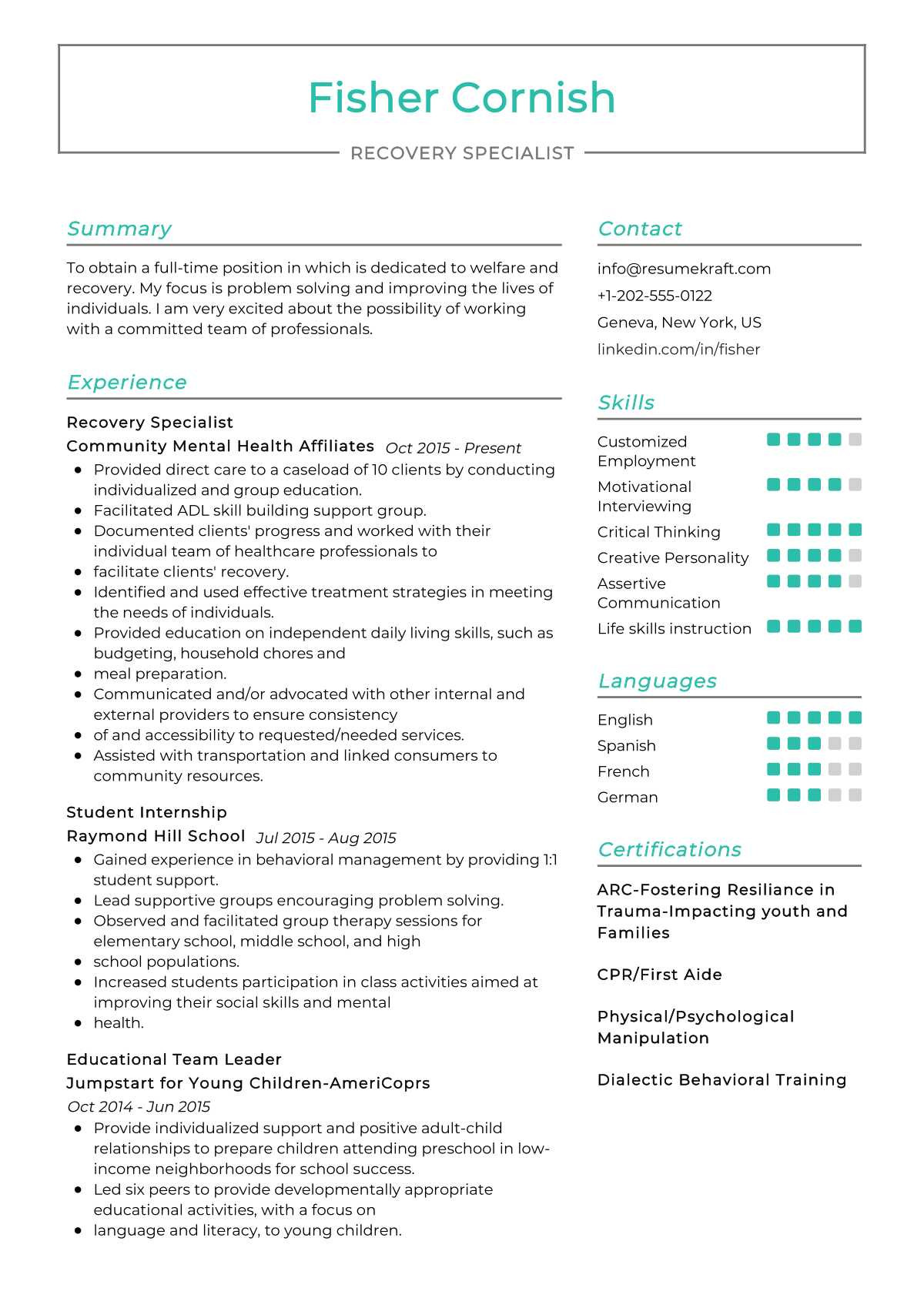 Sample Resume for Psychosocial Rehabilitation Specialist Recovery Specialist Resume Sample 2022 Writing Tips – Resumekraft
