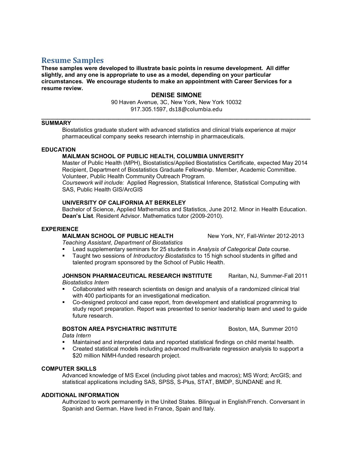 Sample Resume for Public Health New Grad Resume Samples – Mailman School Of Public Health