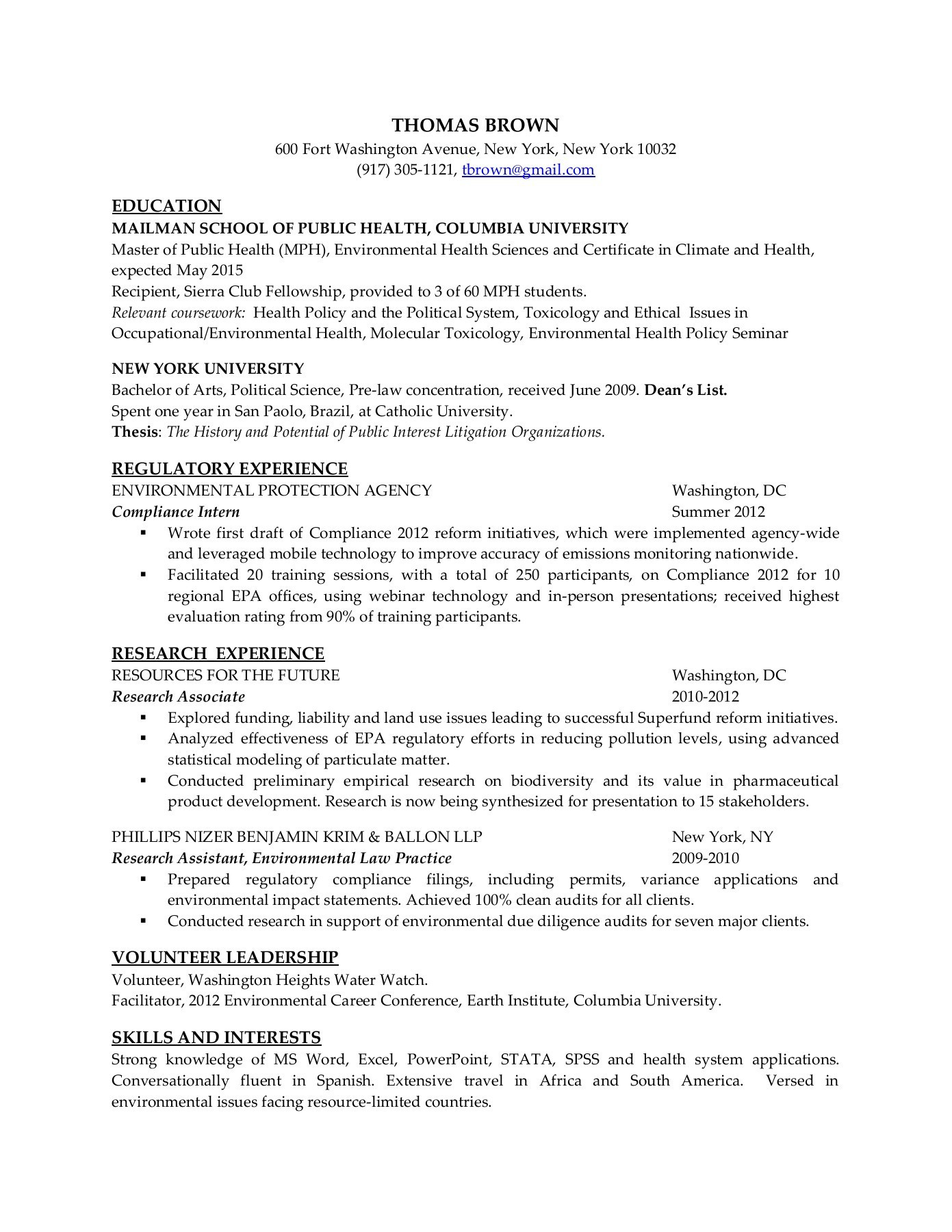 Sample Resume for Public Health New Grad Resume Samples – Mailman School Of Public Health