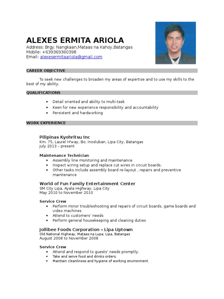 Sample Resume for Service Crew In Jollibee Alexes Ariola Resume Pdf Microsoft Windows Computer Architecture