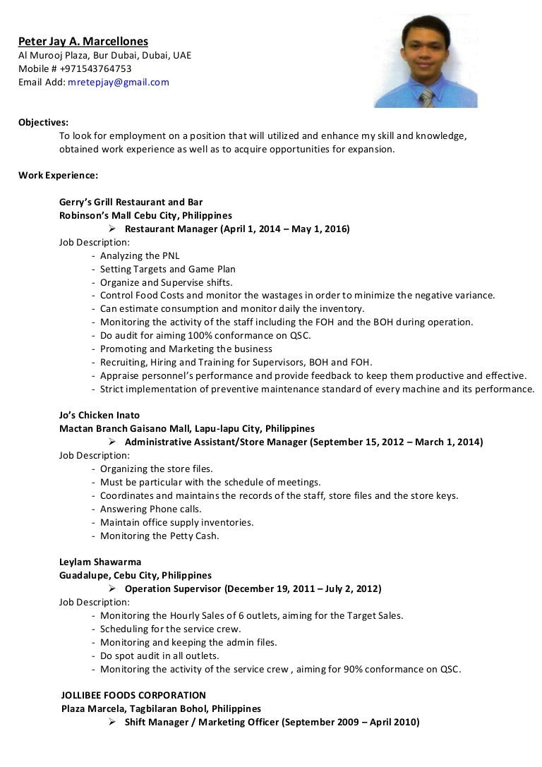 Sample Resume for Service Crew In Jollibee Pjm