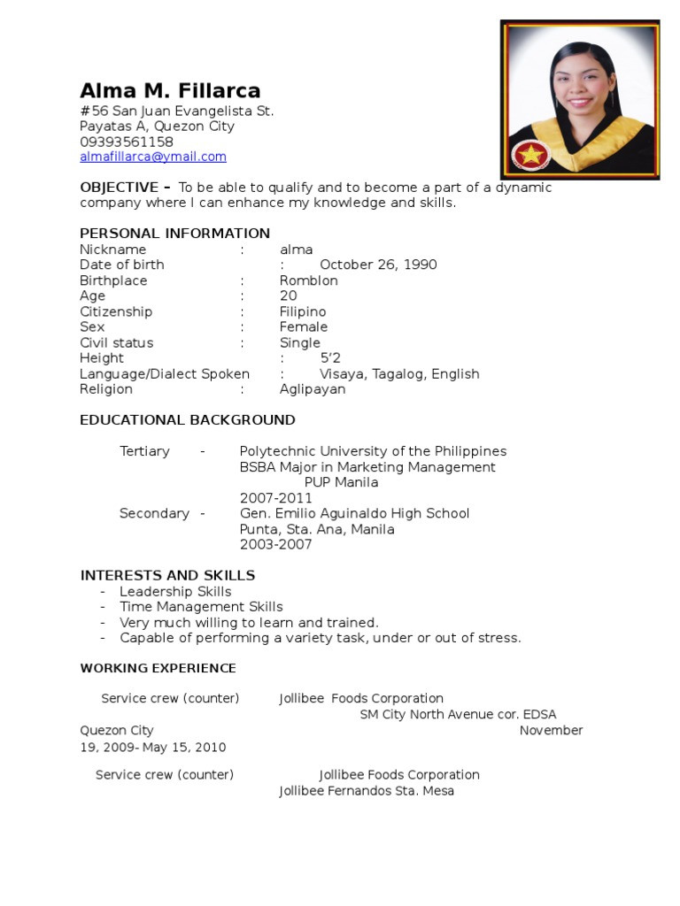 Sample Resume for Service Crew In Jollibee Resume’ Pdf Manila Philippines