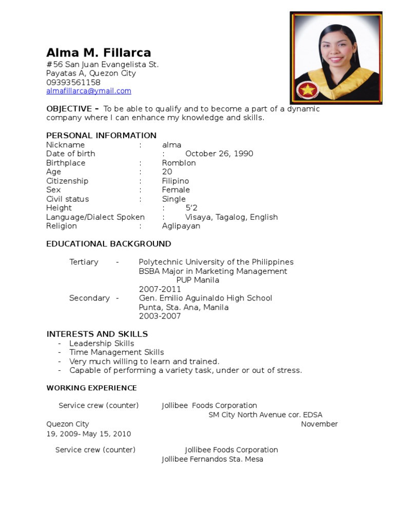 Sample Resume for Service Crew In Jollibee Resume’ Pdf Manila Philippines Sample Resume for Service Crew In Jollibee Resume’ Pdf Manila Philippines