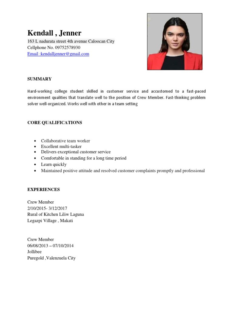 Sample Resume for Service Crew with No Experience Resume – Crew Pdf