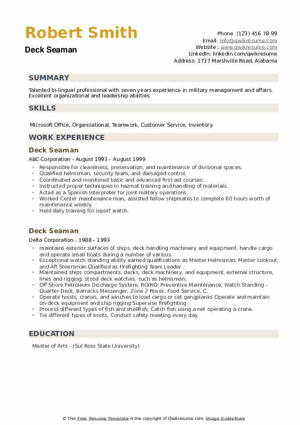 Sample Resume format for Seaman Deck Cadet Deck Seaman Resume Samples