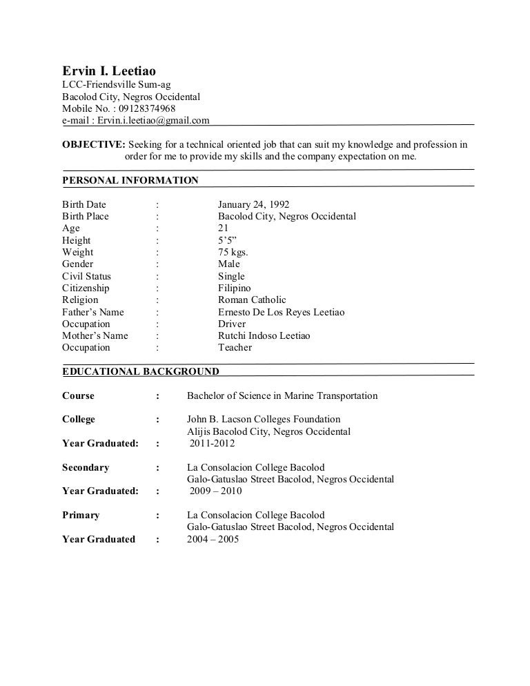 Sample Resume format for Seaman Deck Cadet Marine Transportation Deck Cadet Resume Best Resume Ideas
