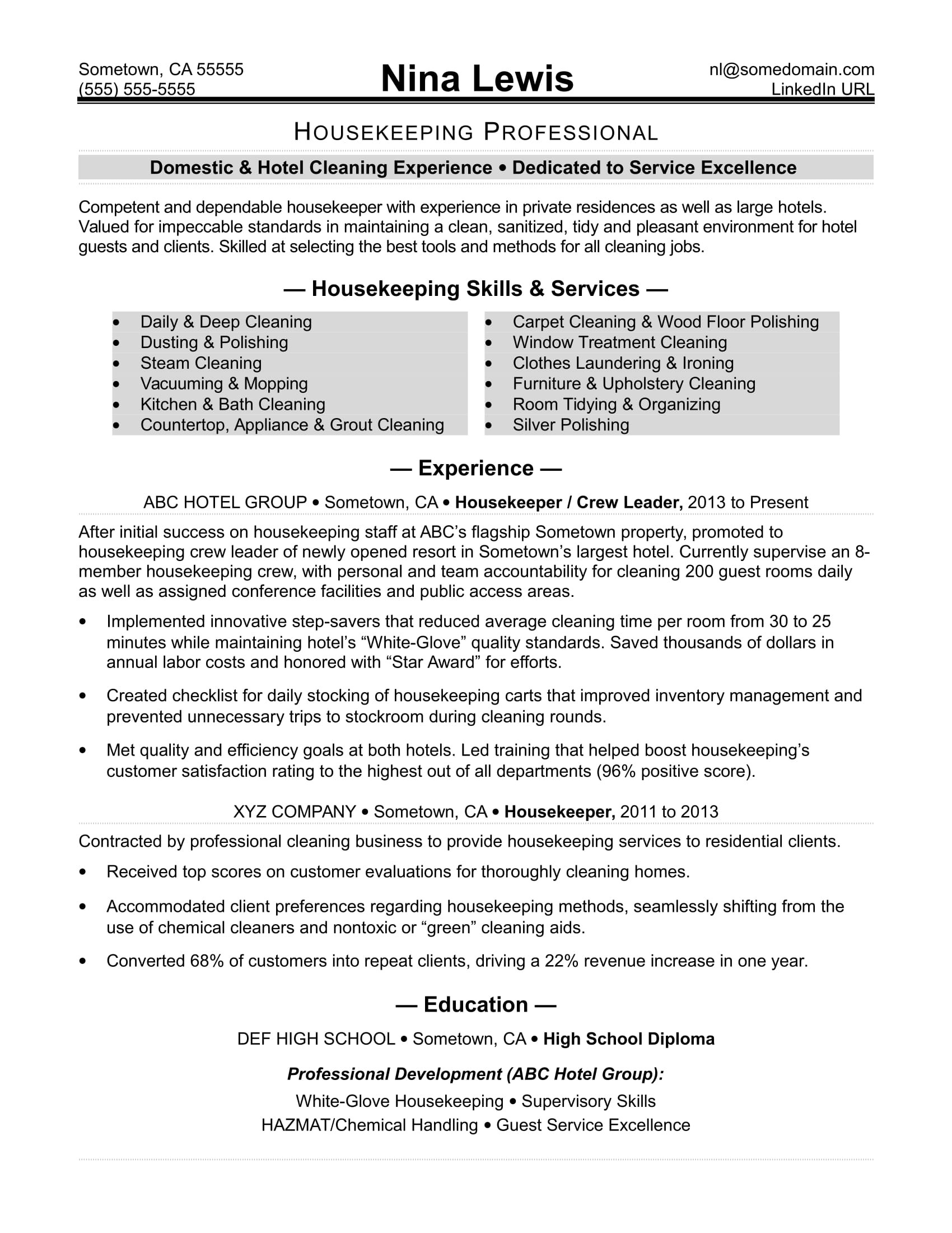 Sample Resume Hotel Housekeeping Room attendant Housekeeping Resume Monster.com