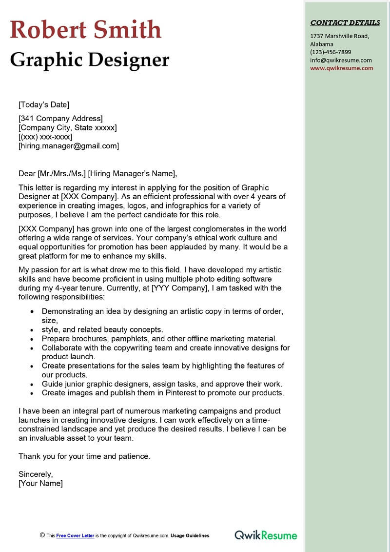 Sample Resume Objectives for Graphic Designer Graphic Designer Cover Letter Examples – Qwikresume