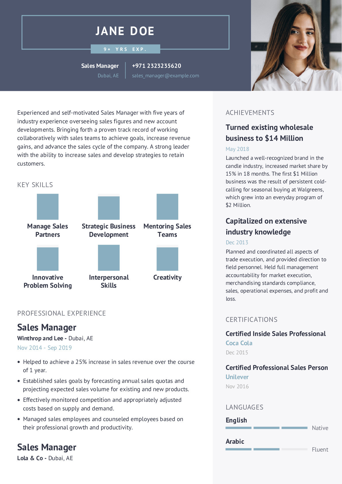 Sample Resume Of Hr Manager In Dubai Sales Manager Resume Example with Pre-filled Content Craftmycv