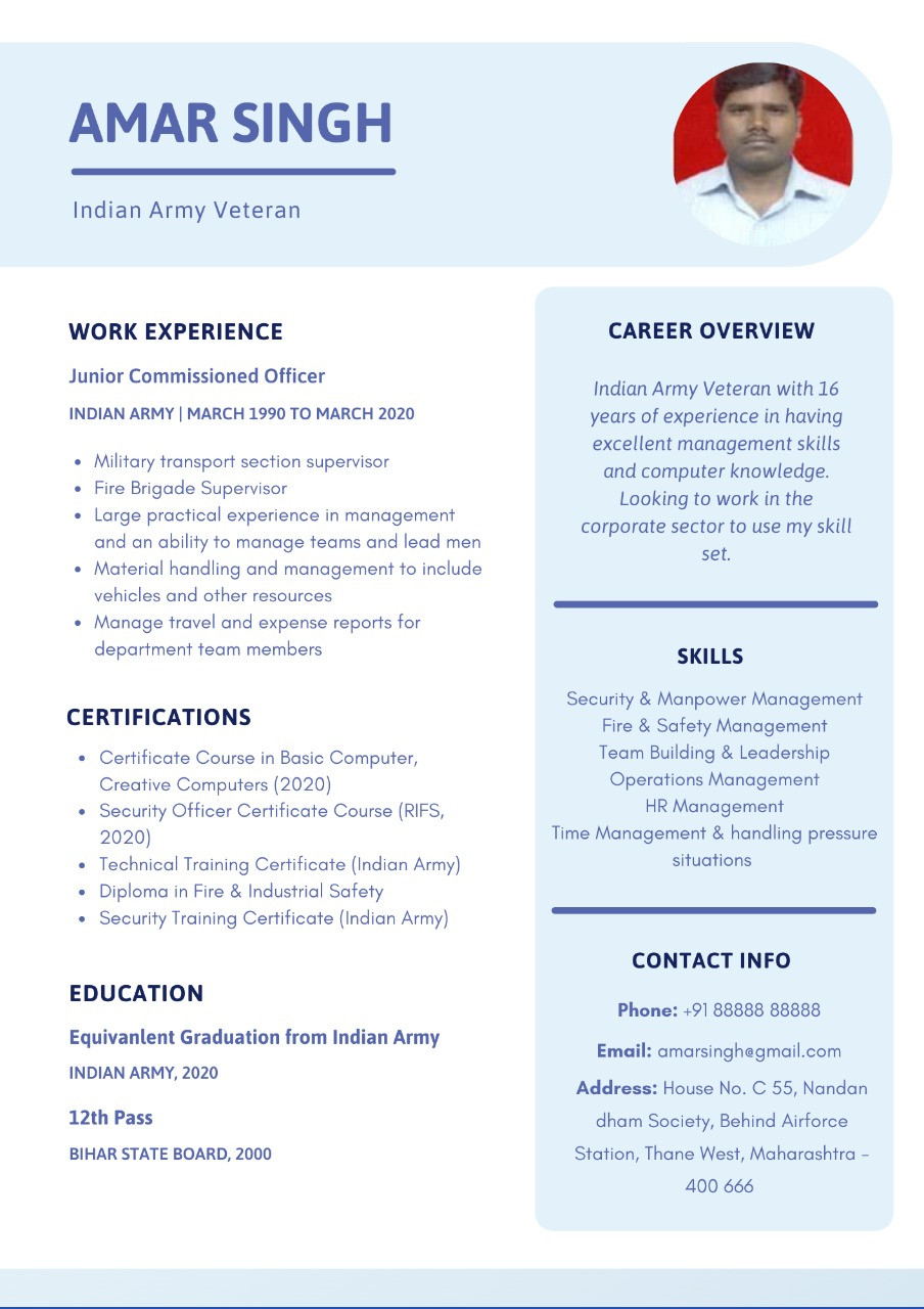 Sample Resume Of Indian Army Officer Resume Writing Cg Resettlement