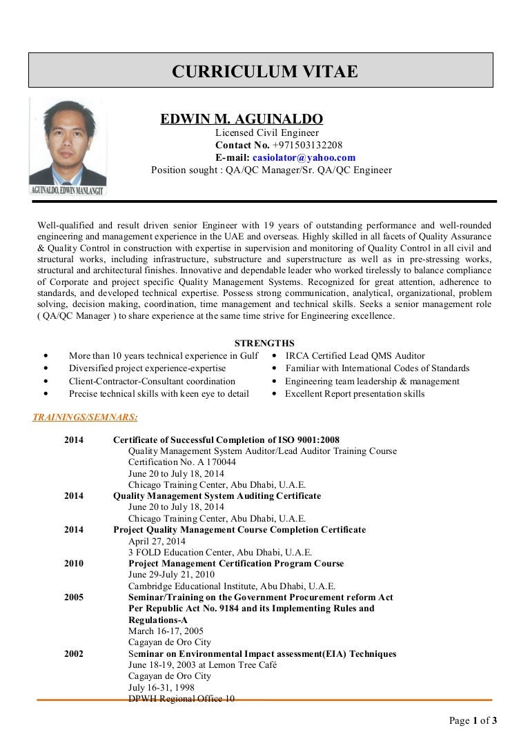 Sample Resume Quality Control Civil Engineer Edwin Cv for Qa-qc Manager