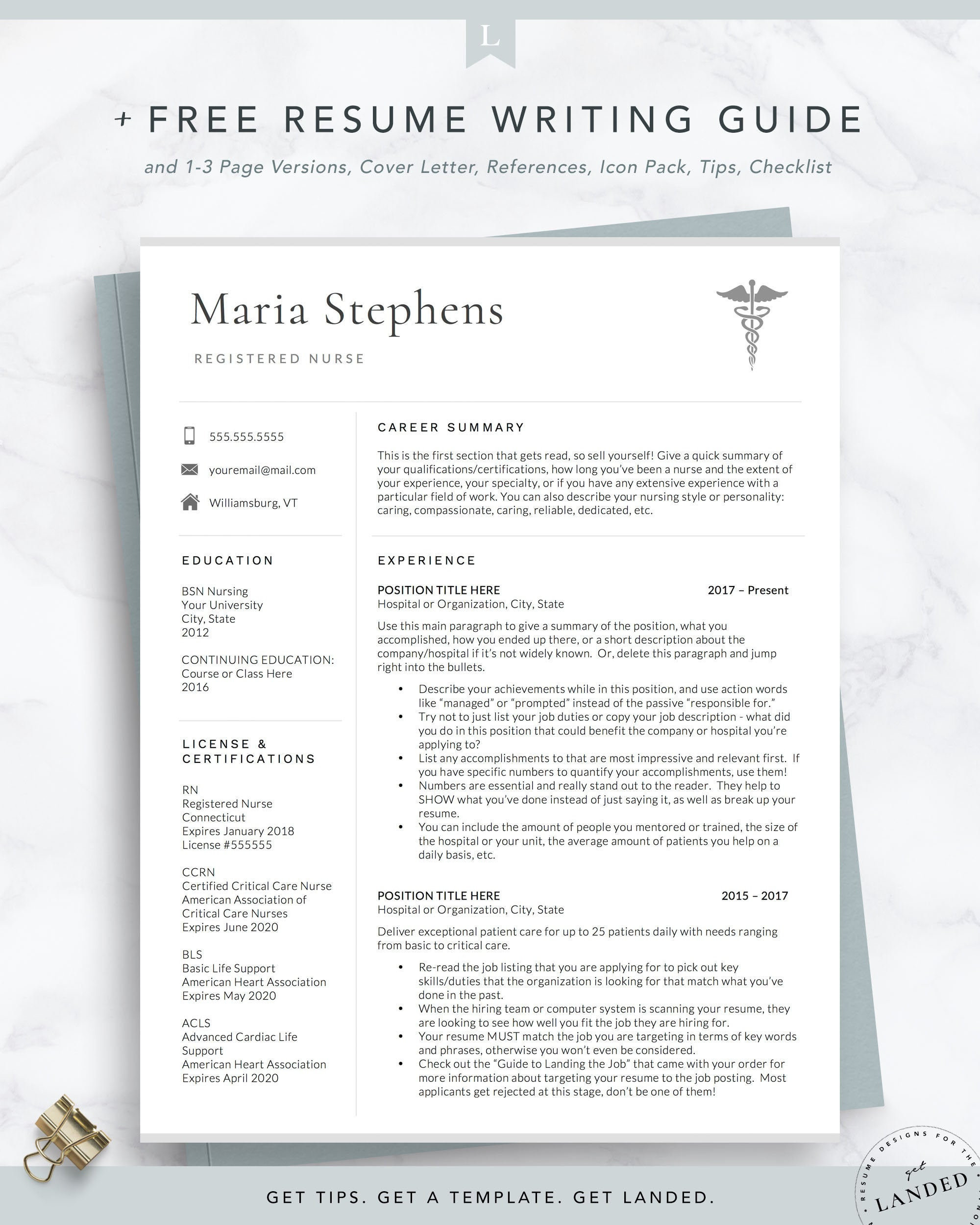 Samples Of Nursing Summaries On A Resume Nursing Resume Template Nurse Resume Design Nursing Student – Etsy.de