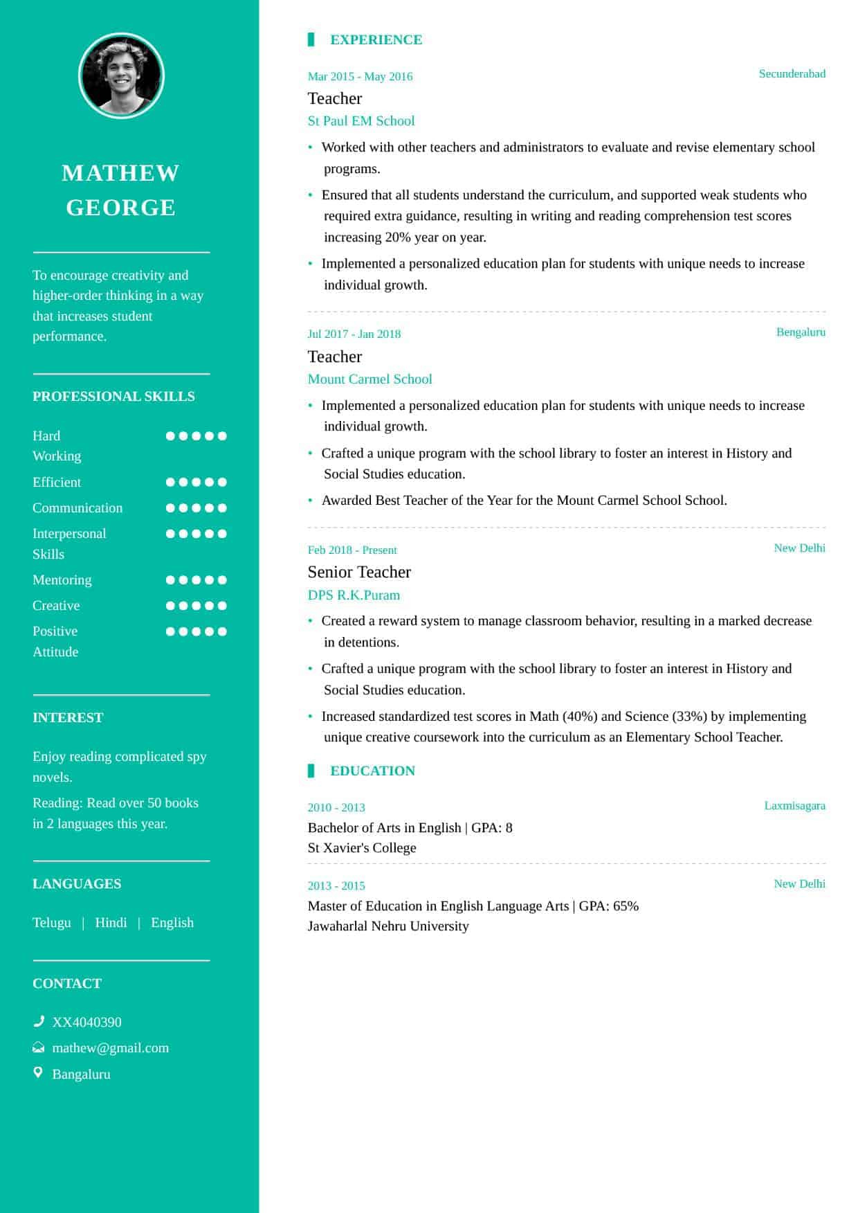 Samples Of Objectives In Resumes for English Teachers Teacher Resume format and Resume Example for School Teachers – My …