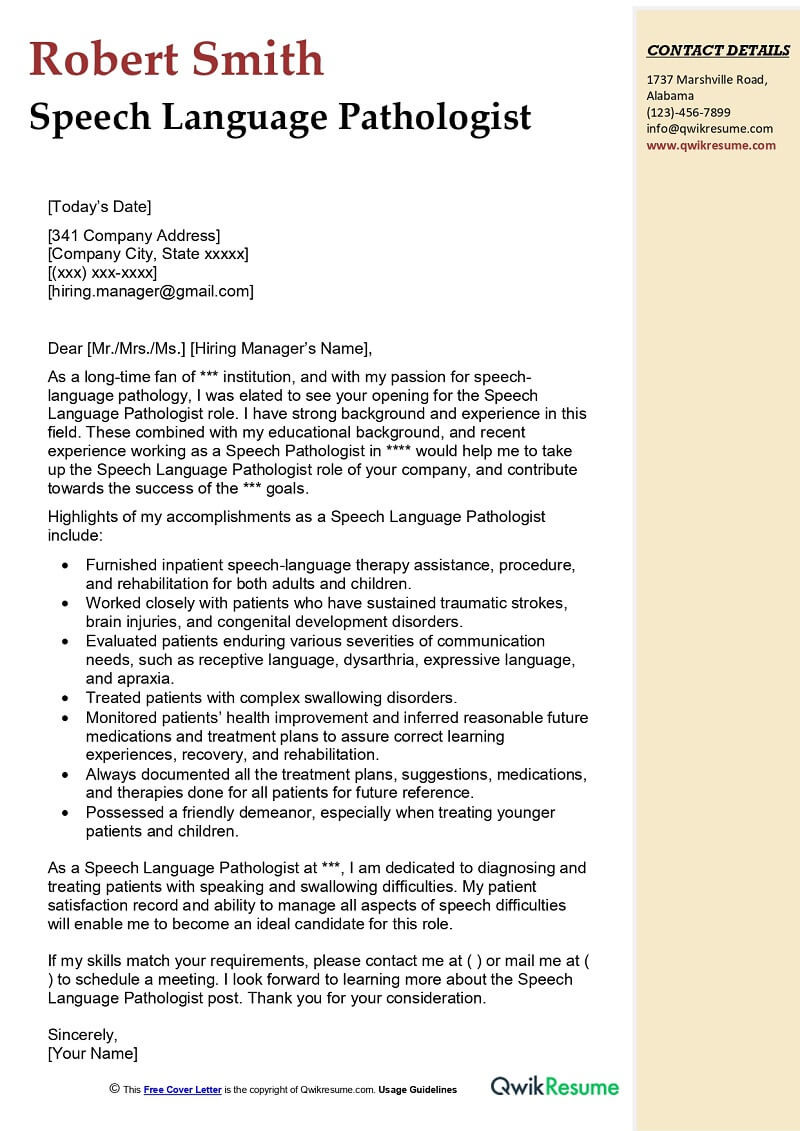 Speech Pathology Resume Cover Letter Sample Speech Language Pathologist Cover Letter Examples – Qwikresume