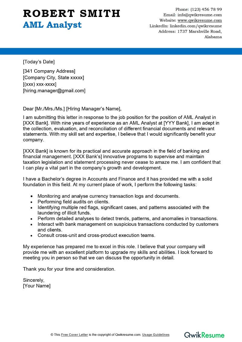 Anti Money Laundering Analyst Resume Sample Aml Analyst Cover Letter Examples – Qwikresume