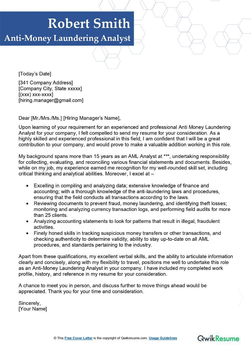 Anti Money Laundering Analyst Resume Sample Anti Money Laundering Analyst Cover Letter Examples – Qwikresume