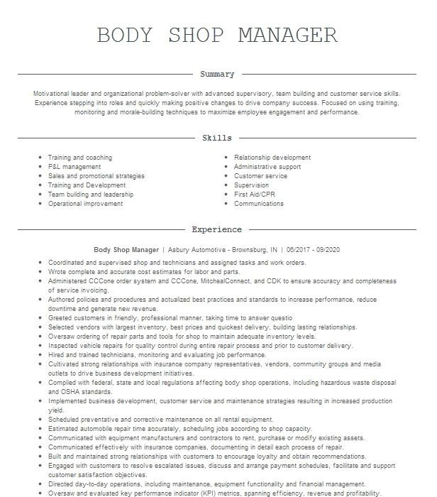 Auto Body Shop Manager Resume Sample Body Shop Manager Resume Example Jimenez Auto Creations