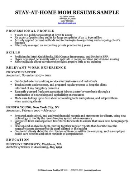 Back to Work Mom Resume Samples Mom Going Back to Work Resume