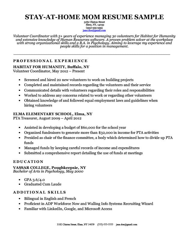 Back to Work Mom Resume Samples Resume for Stay at Home Moms Returning to Work Examples