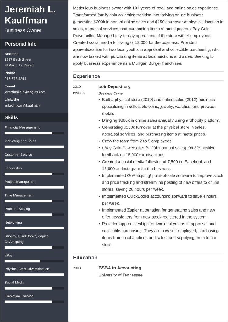 Best Business Owner Entrepreneur Resume Samples Business Owner Resumeâsample and 25lancarrezekiq Writing Tips