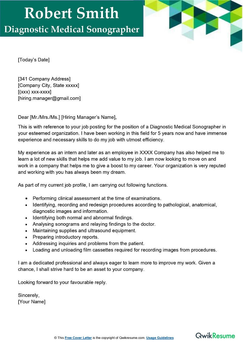Diagnostic Medical sonographer Free Sample Resume Diagnostic Medical sonographer Cover Letter Examples – Qwikresume